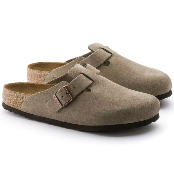 Boston Suede Leather Clogs – Taupe with Soft Anatomical Footbed