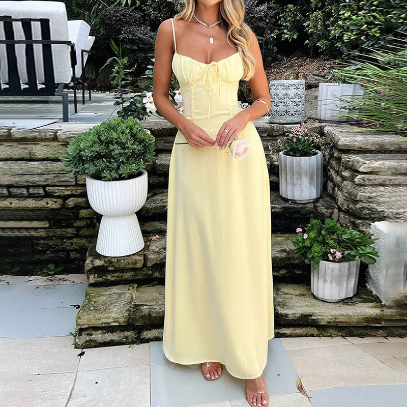 Women’s A-Line Dress – Satin Feel – Ruched Bodice – Strappy – Full Length Elegant Fit